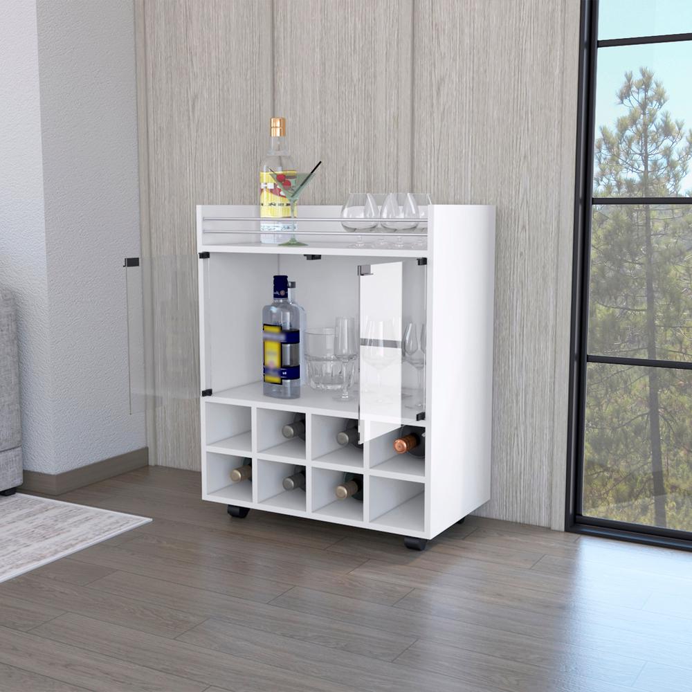 Minneapolis Bar Cart with Integrated 8-Bottle Rack, Glass Encased Cabinet. Picture 3