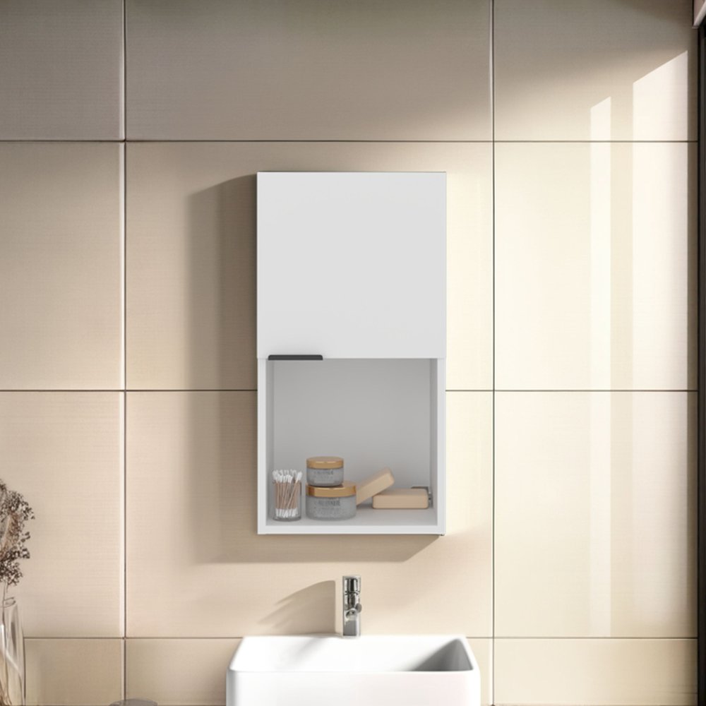 Wall-Mounted Bathroom Cabinet with Hidden Storage and Open Compartment, White. Picture 6