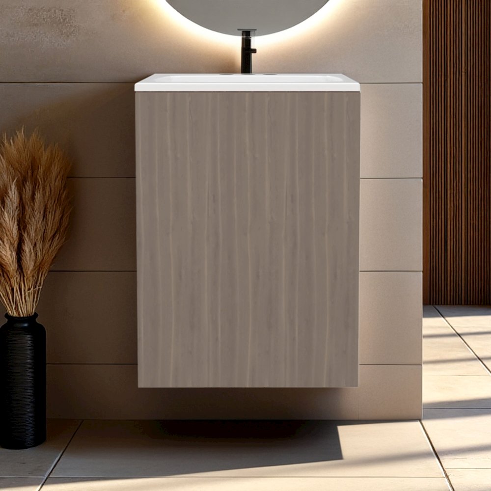 Compact Vanity Cabinet, Single Door, Two Open Side Shelves, White Oak. Picture 7