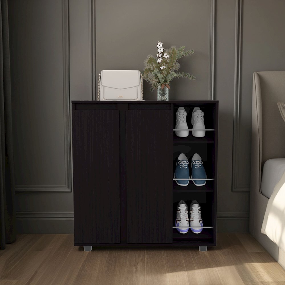 Shoe Storage Cabinet, 2 Doors, 8  Enclosed Shelves, 3 Open Side Shelves, Wenge. Picture 7