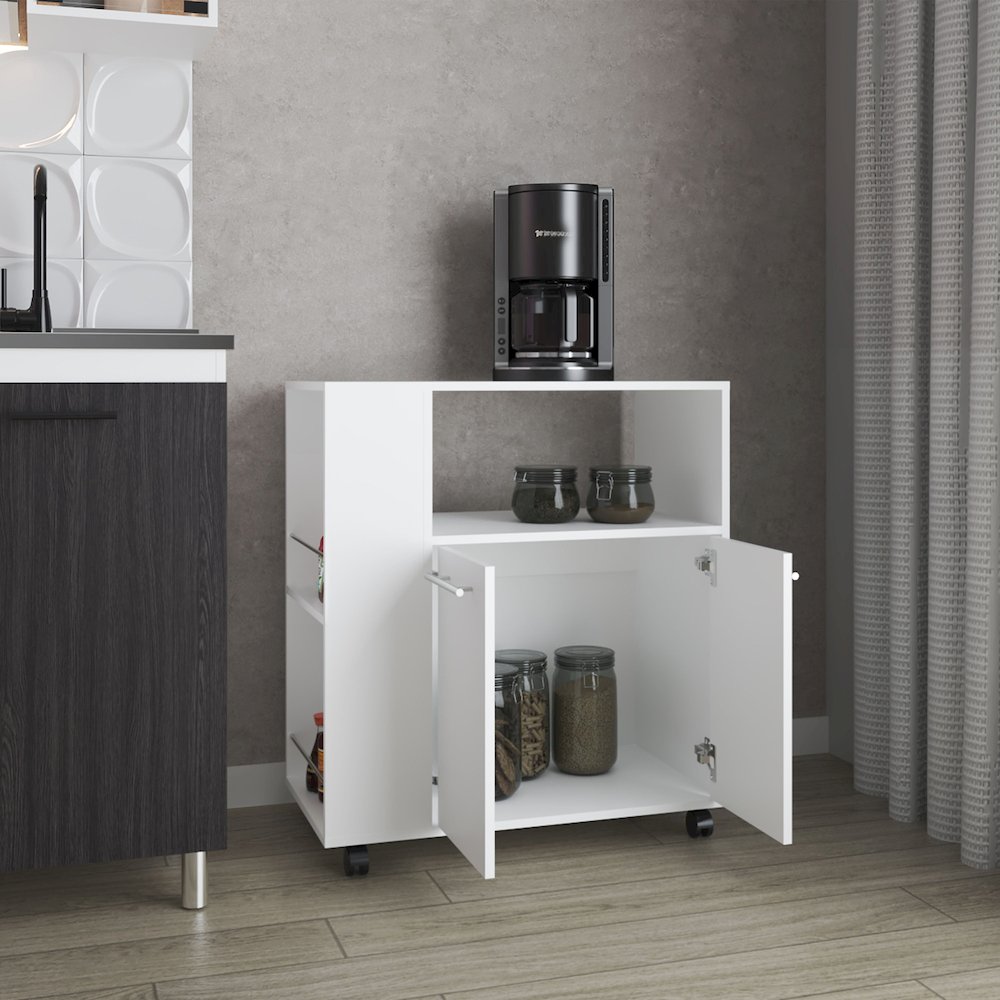 Kitchen Cart with Microwave Shelf, Open Storage, and Two-Door Cabinet, White. Picture 3