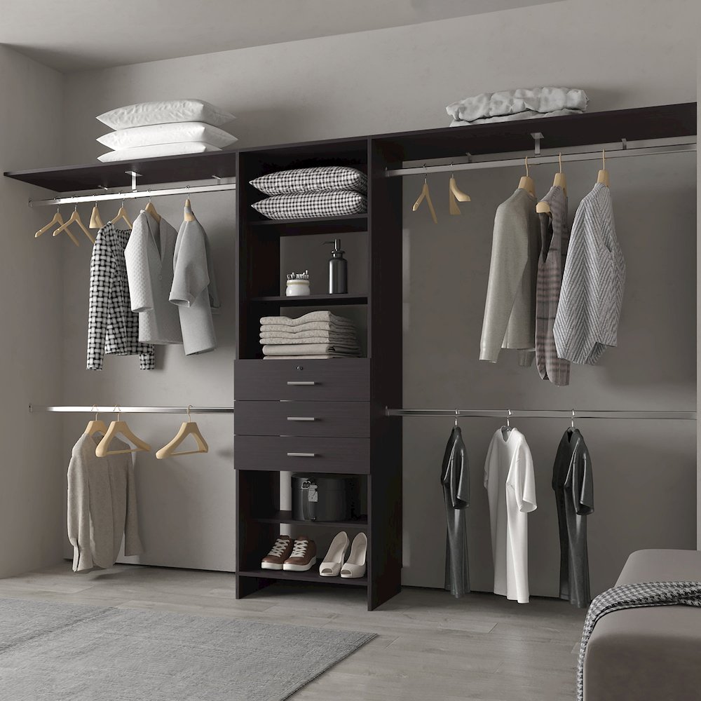 Modular Closet Organizer System with Hanging Rods, Shelves, and Drawers , Wengue. Picture 4