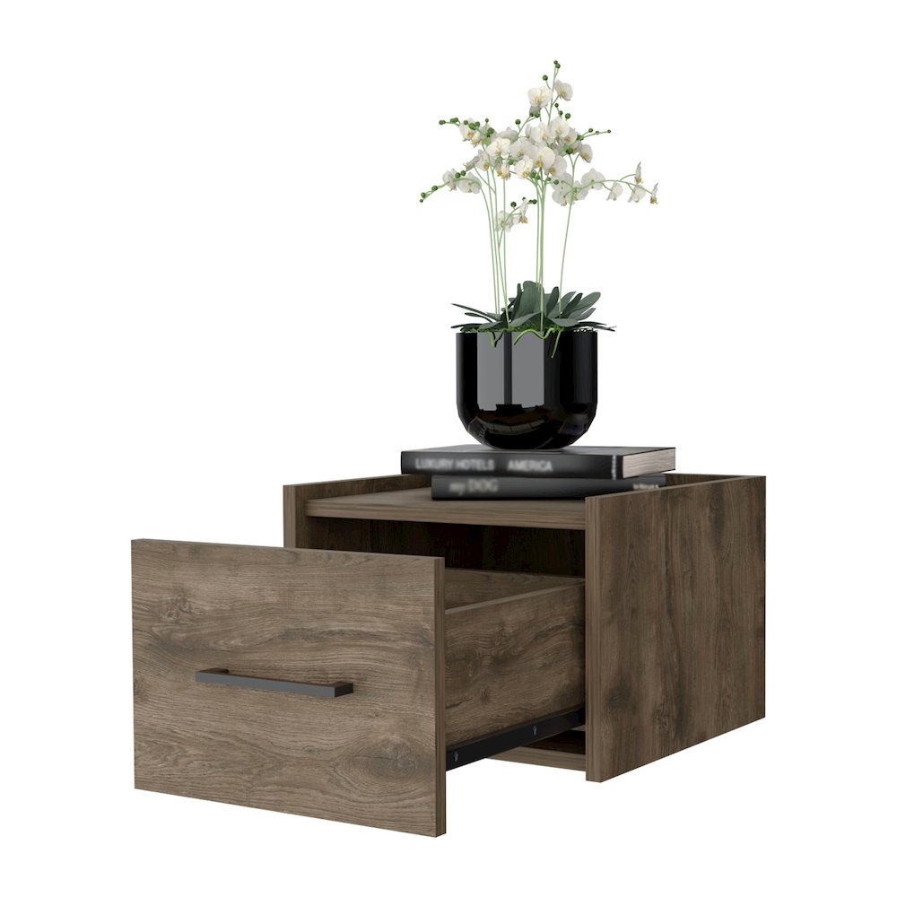 Elfrida Wall-Mounted Nightstand, Sleek Single-Drawer Design, Dark Brown. Picture 7
