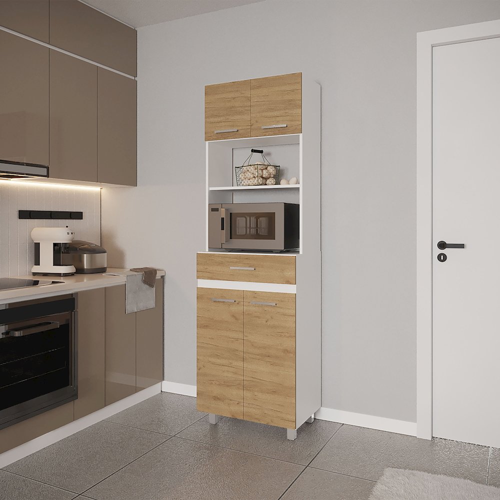 Tall Kitchen Storage Cabinet with Doors, Drawer and Open Microwave Shelf. Picture 2