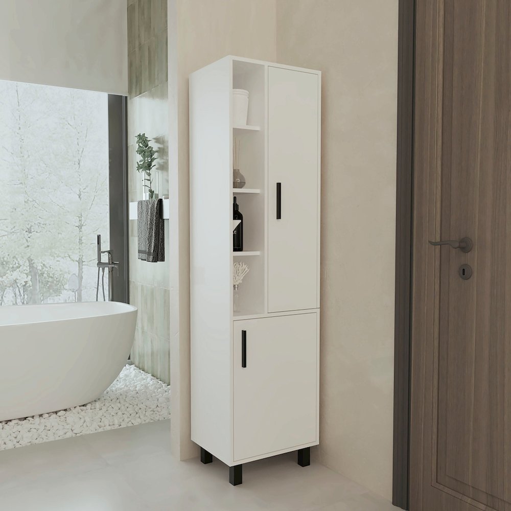 Pinal Linen Cabinet with Open Storage and 2 Doors, White. Picture 4