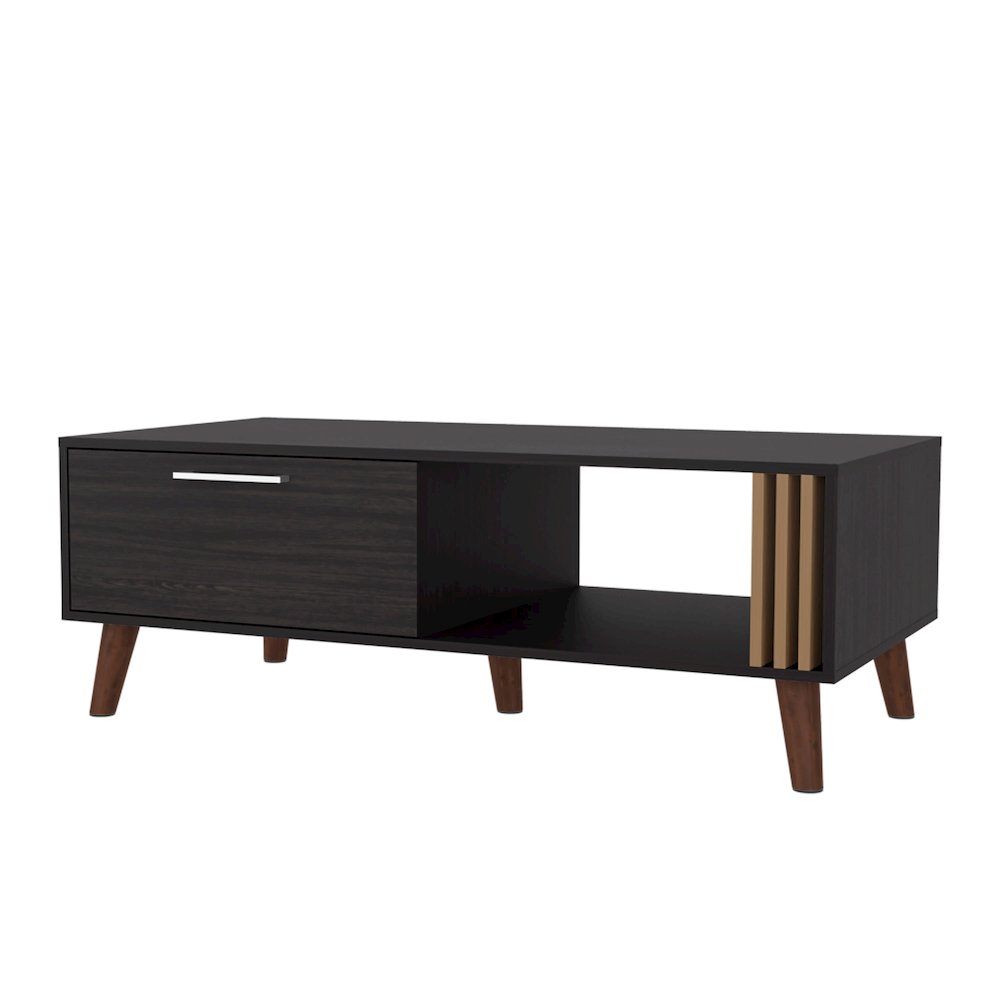Govan Coffee Table with a Door, Conical Legs, and Open Storage, Wengue. Picture 1