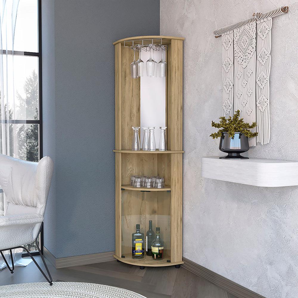 Oregon Corner Bar Cabinet, 3-Tier Shelf with Glass Rack. Picture 4