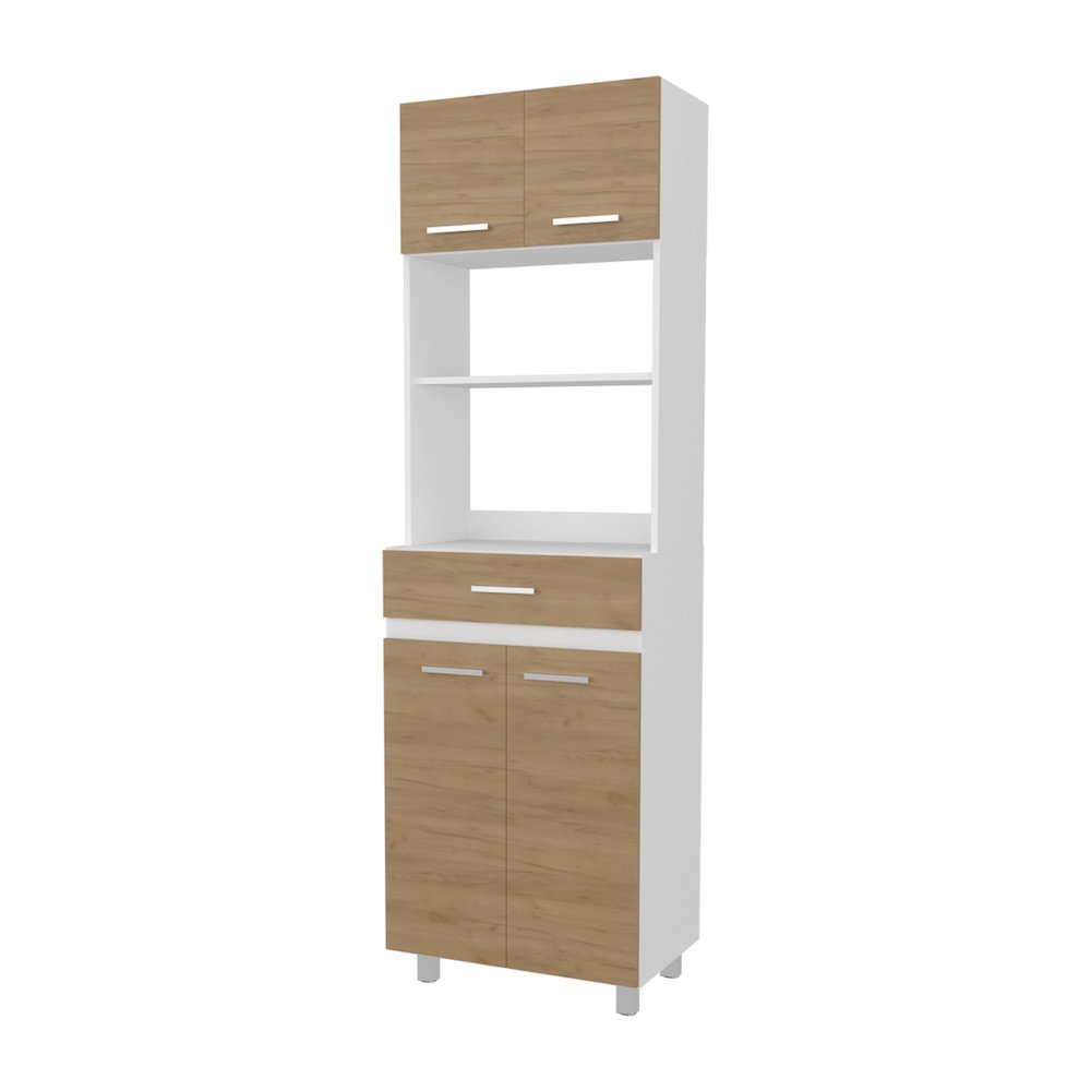 Tall Kitchen Storage Cabinet with Doors, Drawer and Open Microwave Shelf. Picture 1