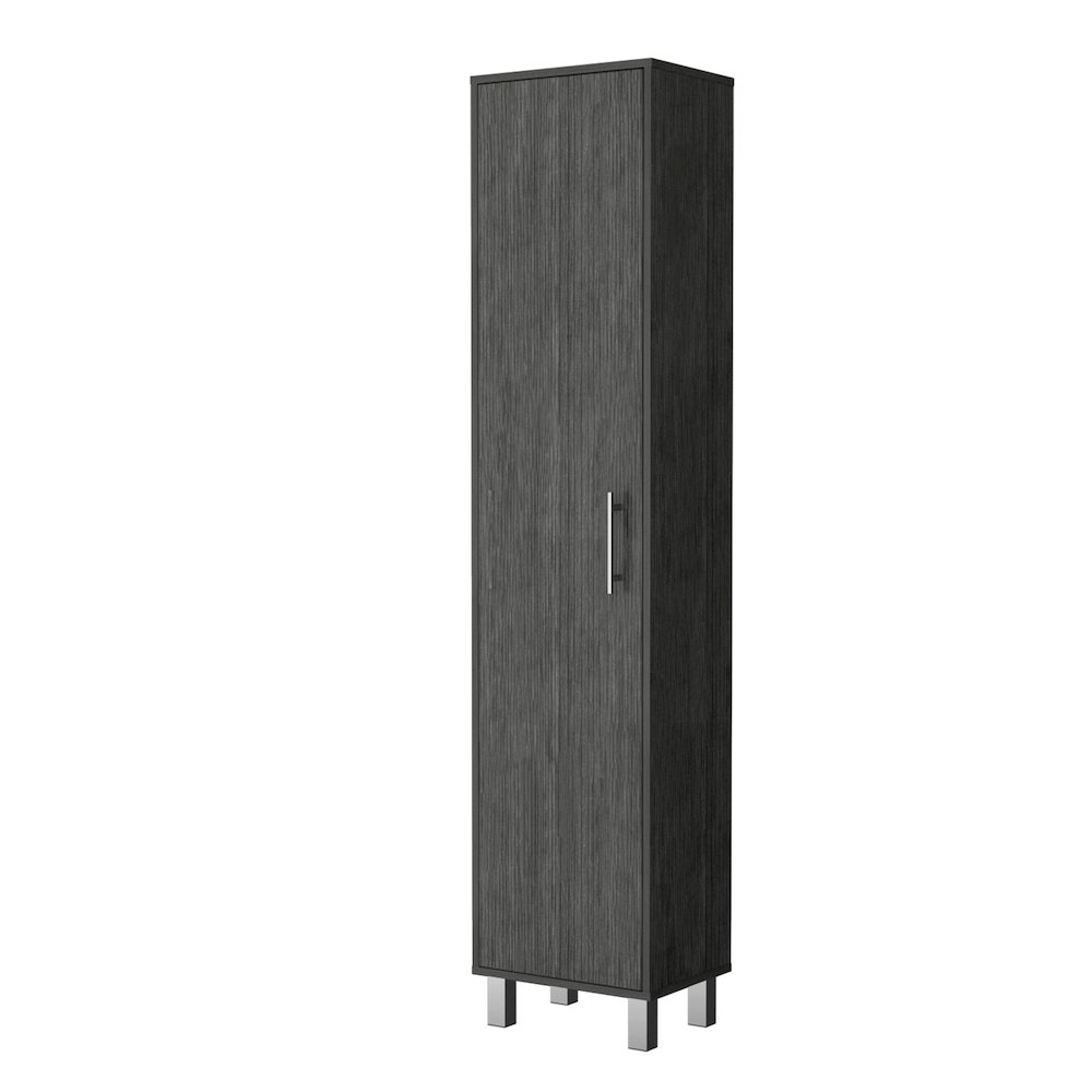 Lawen Tall Storage Cabinet, Single Door, 3 Broom Hangers ,Smokey Oak. Picture 1