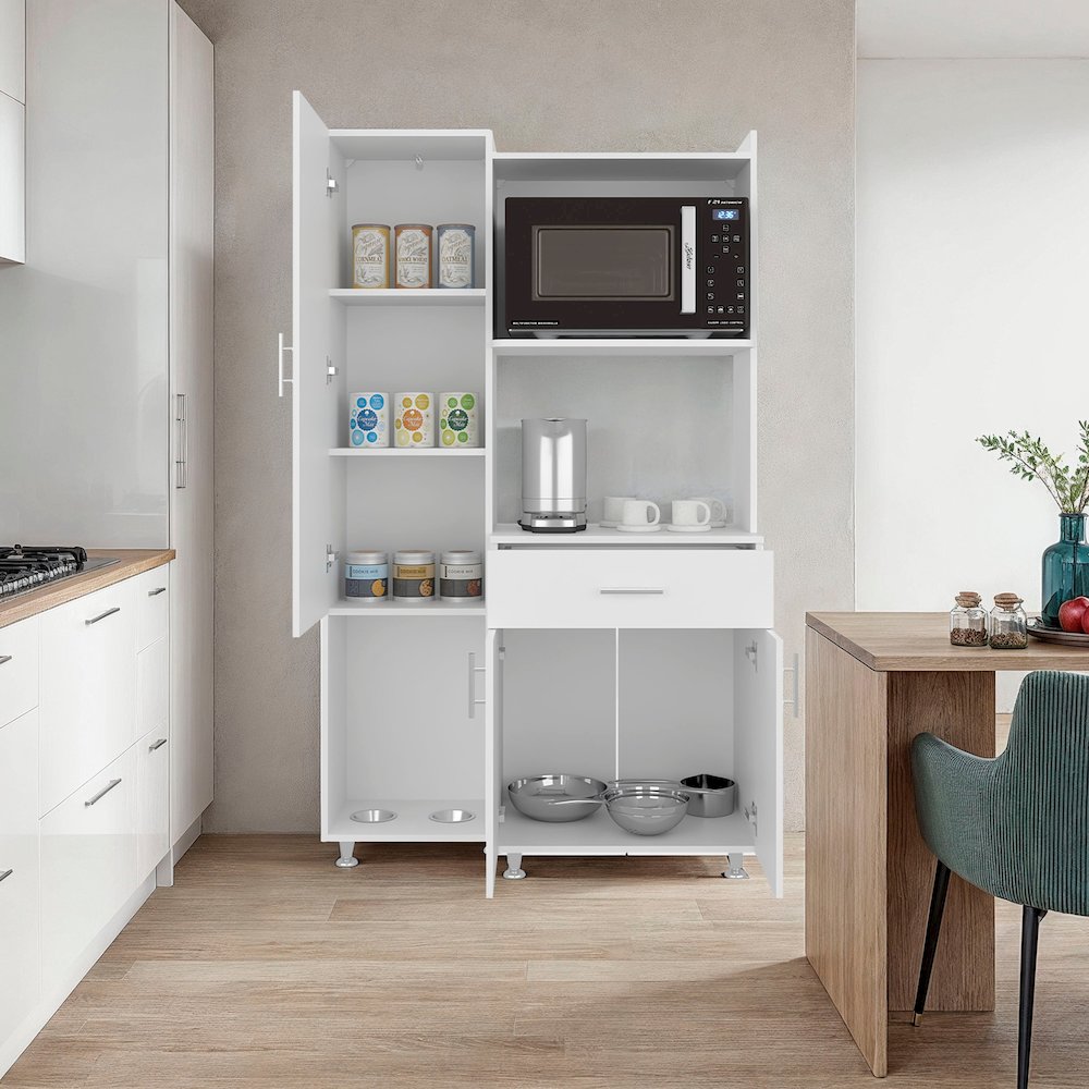 Kitchen Storage Cabinet with Microwave Shelf, Drawer, and Open Compartments. Picture 4