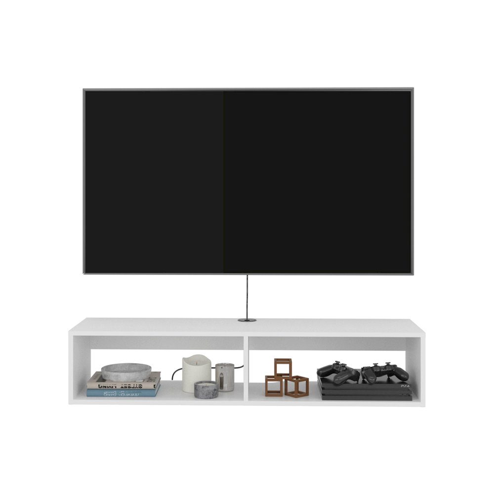 Arctic Floating White TV Stand with Open Shelves for Storage, Modern Design. Picture 4