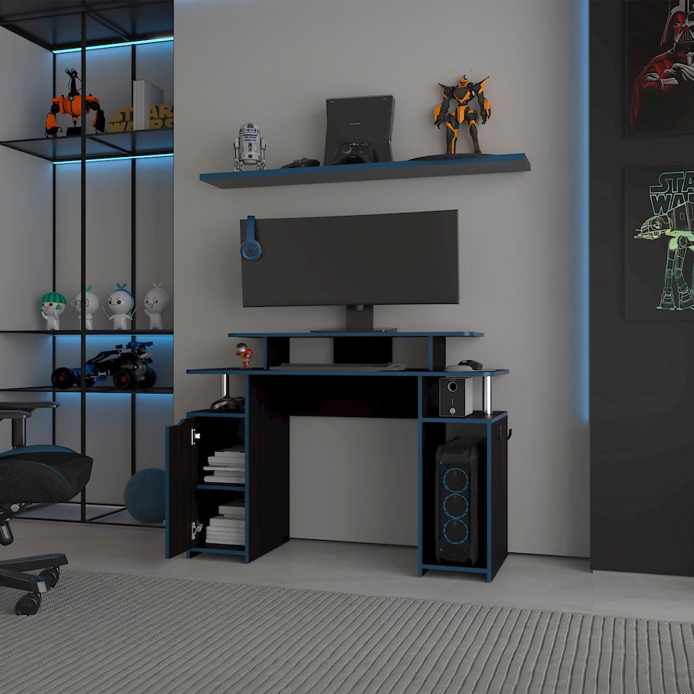 Lol Minimalist Gaming Desk with Elevated Monitor Shelf, Blue Accents. Picture 3