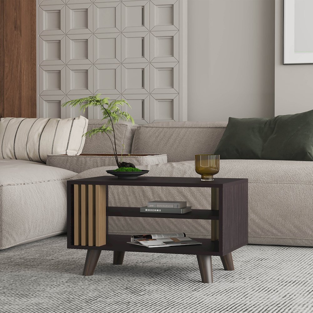 Shark Coffee Table with Open Storage and 4 legs, Wenge and Natural Oak. Picture 6
