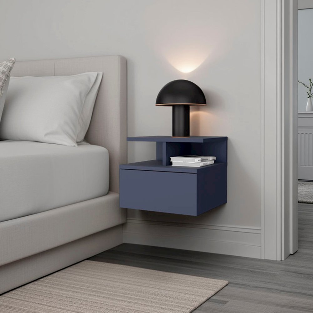 Floating Nightstand, 1 Drawer, Open Shelf, Wall Mounted Design, Kronos Blue. Picture 6