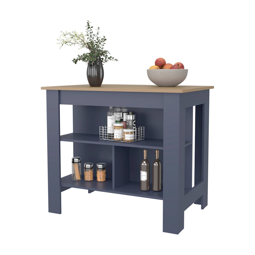 Kitchen Island, Modern Design with Open Shelves, Kronos Ash and Kronos Blue. Picture 3