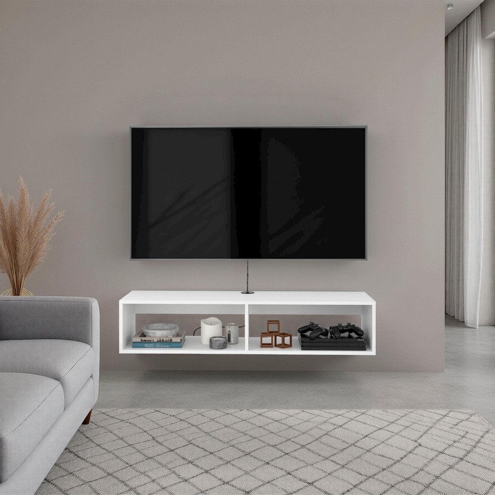 Arctic Floating White TV Stand with Open Shelves for Storage, Modern Design. Picture 2