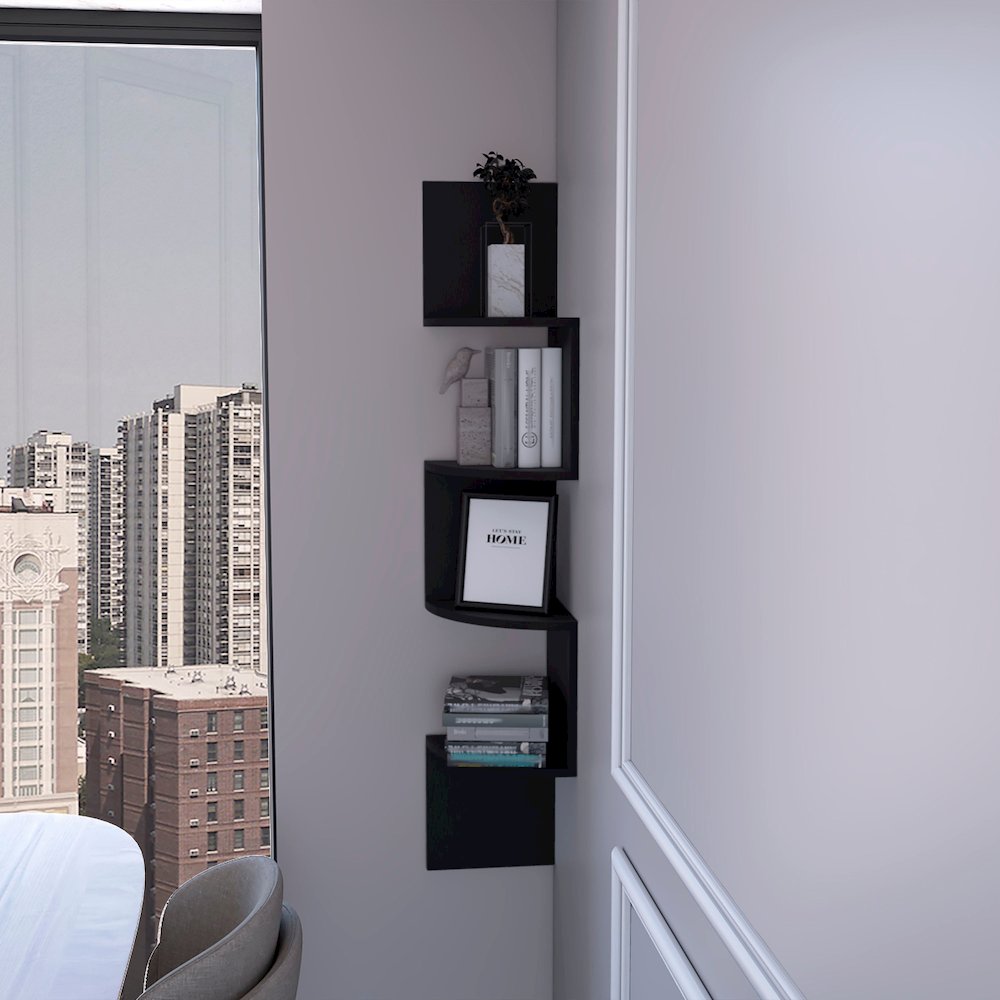 Rosebud Corner Floating Shelf: Modern Full-Wall 4-Shelf Unit. Picture 6