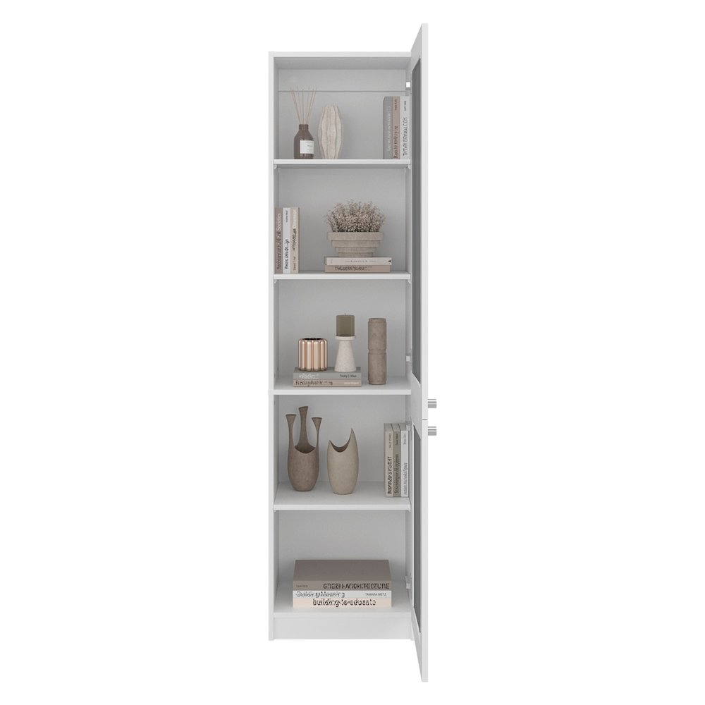 Modern Storage Cabinet with 5 Shelves and Glass Front, Minimalist Design, White. Picture 5