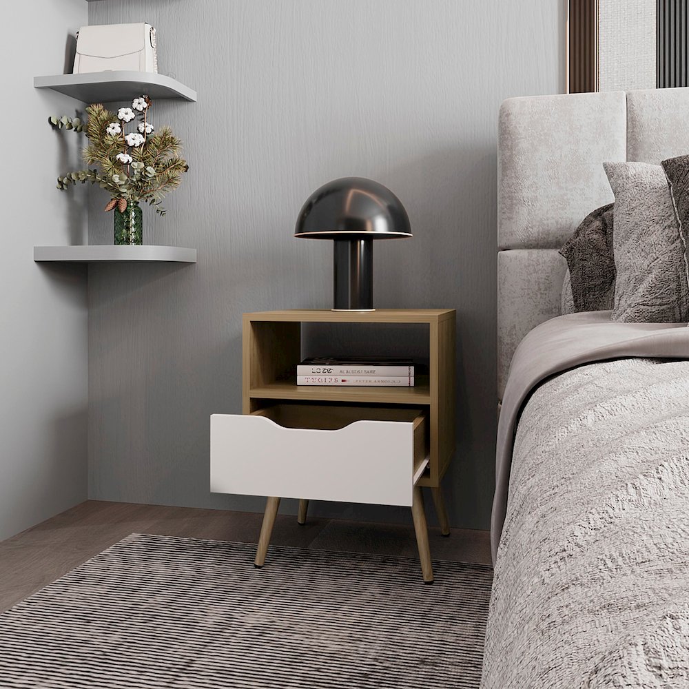 Prescott Valley Nightstand with Open Storage, Natural Oak and White. Picture 3