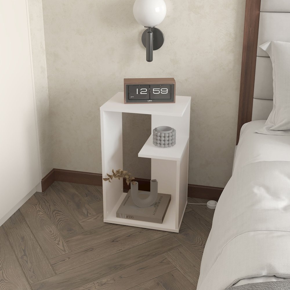 Vega Side Table in Melamine with Open Storage, White. Picture 4