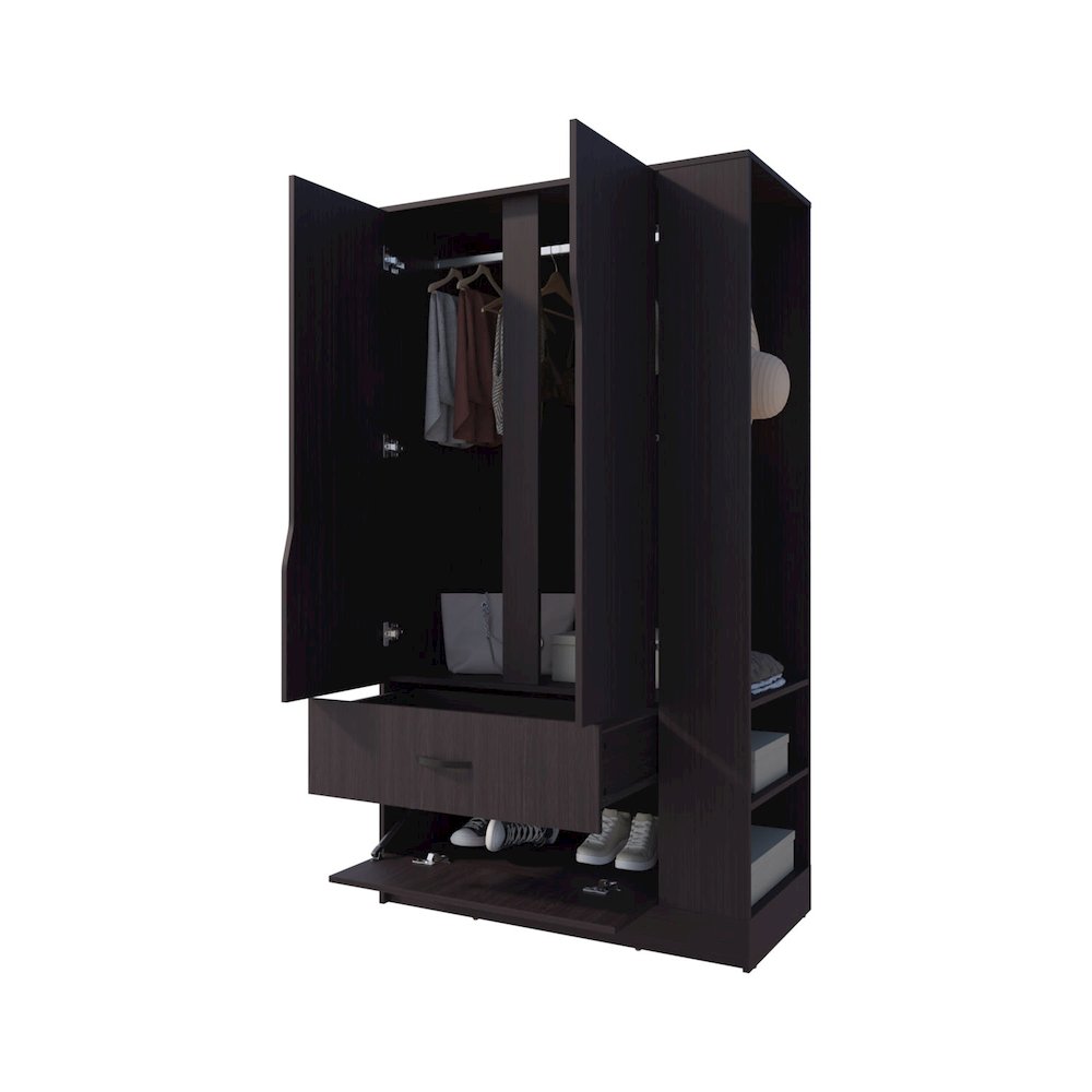 Sehili Wardrobe, 3 Doors, 1 Drawer, Side Shelves, Hanging Rods, Wenge. Picture 3