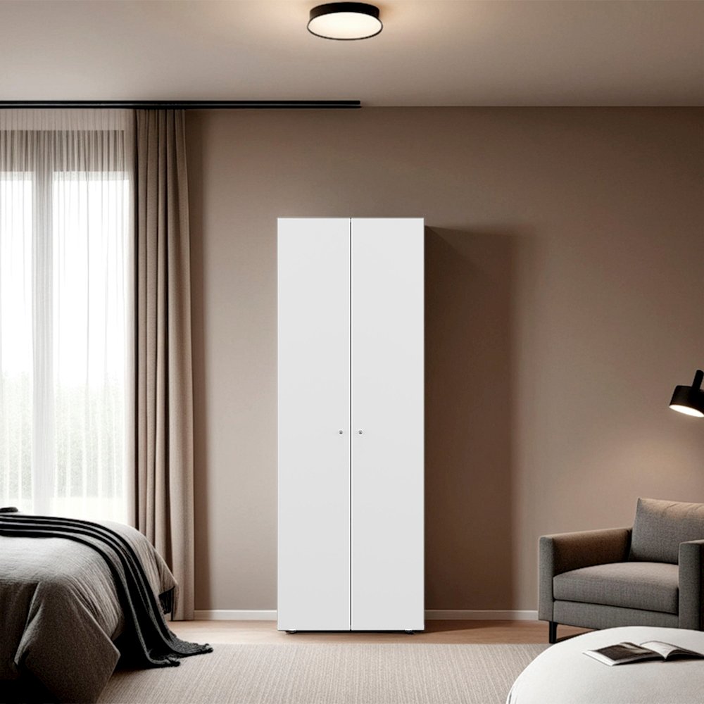 2-Door Wardrobe Cabinet, 4 Shelves, Vertical Storage, 66.9"H – Bedroom, White. Picture 5