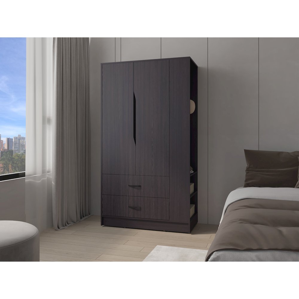 Sehili Wardrobe, 3 Doors, 1 Drawer, Side Shelves, Hanging Rods, Wenge. Picture 8