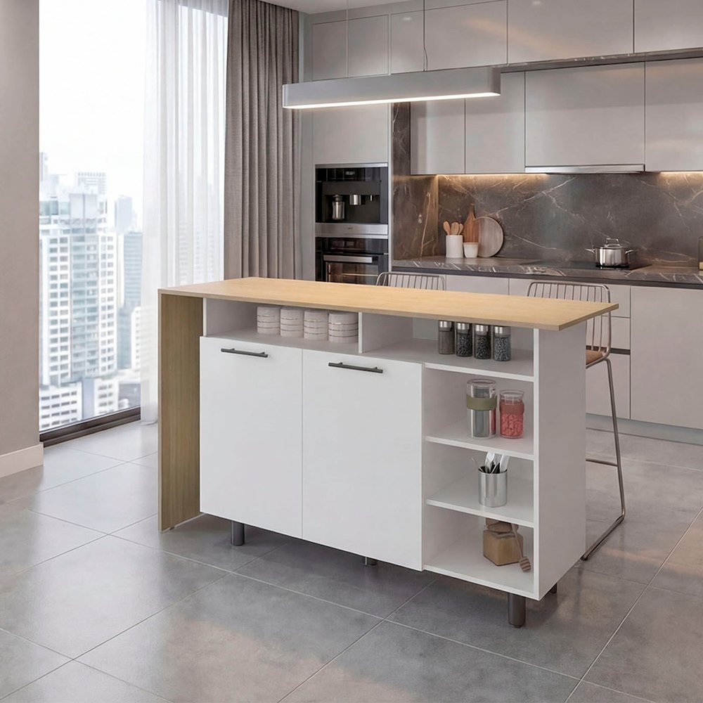 Modern Kitchen Island with Storage Shelves and Cabinets for Kitchen Organization. Picture 2