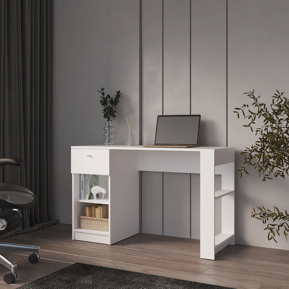 Sun City Computer Desk with a Drawer and Open Storage, White. Picture 4