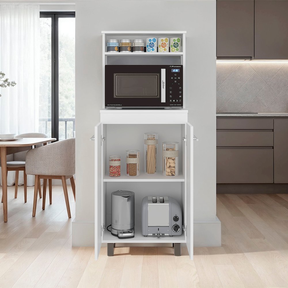 Taylor Kitchen Storage Cabinet with Microwave Shelf and Doors, White. Picture 4