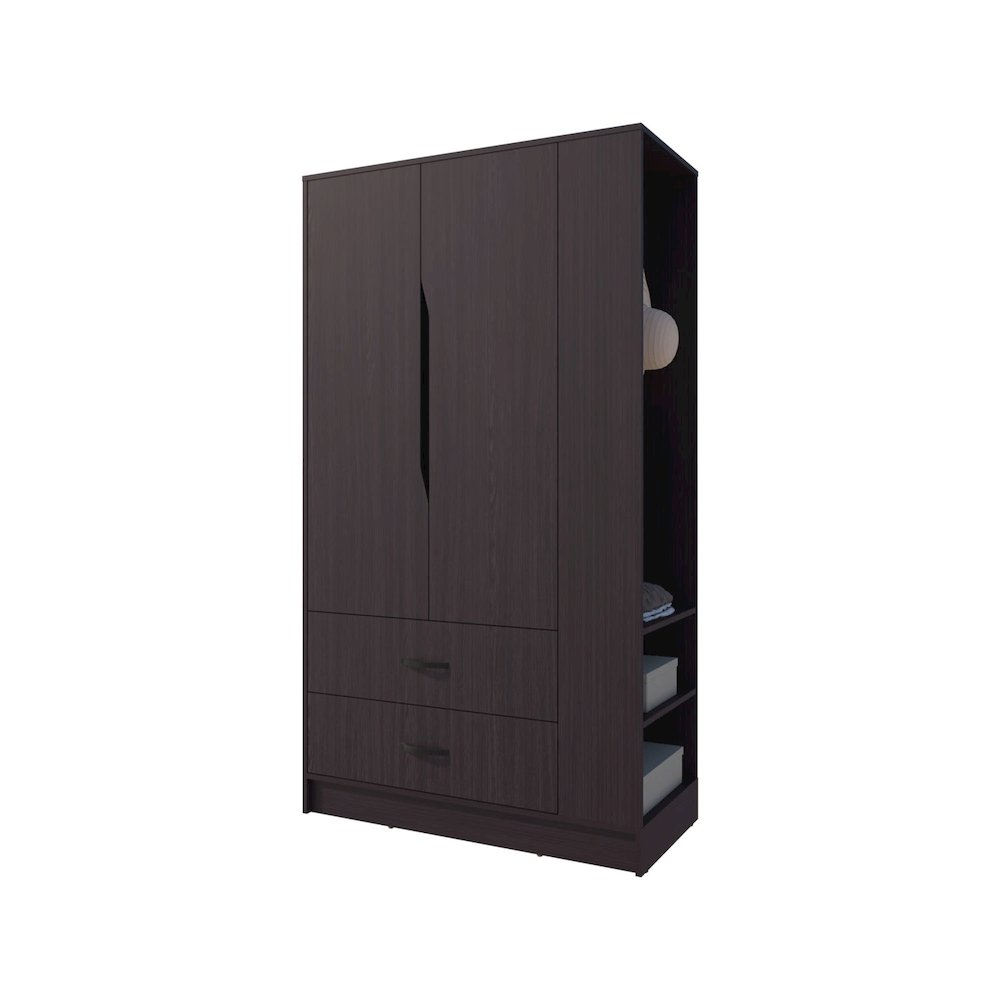 Sehili Wardrobe, 3 Doors, 1 Drawer, Side Shelves, Hanging Rods, Wenge. Picture 4