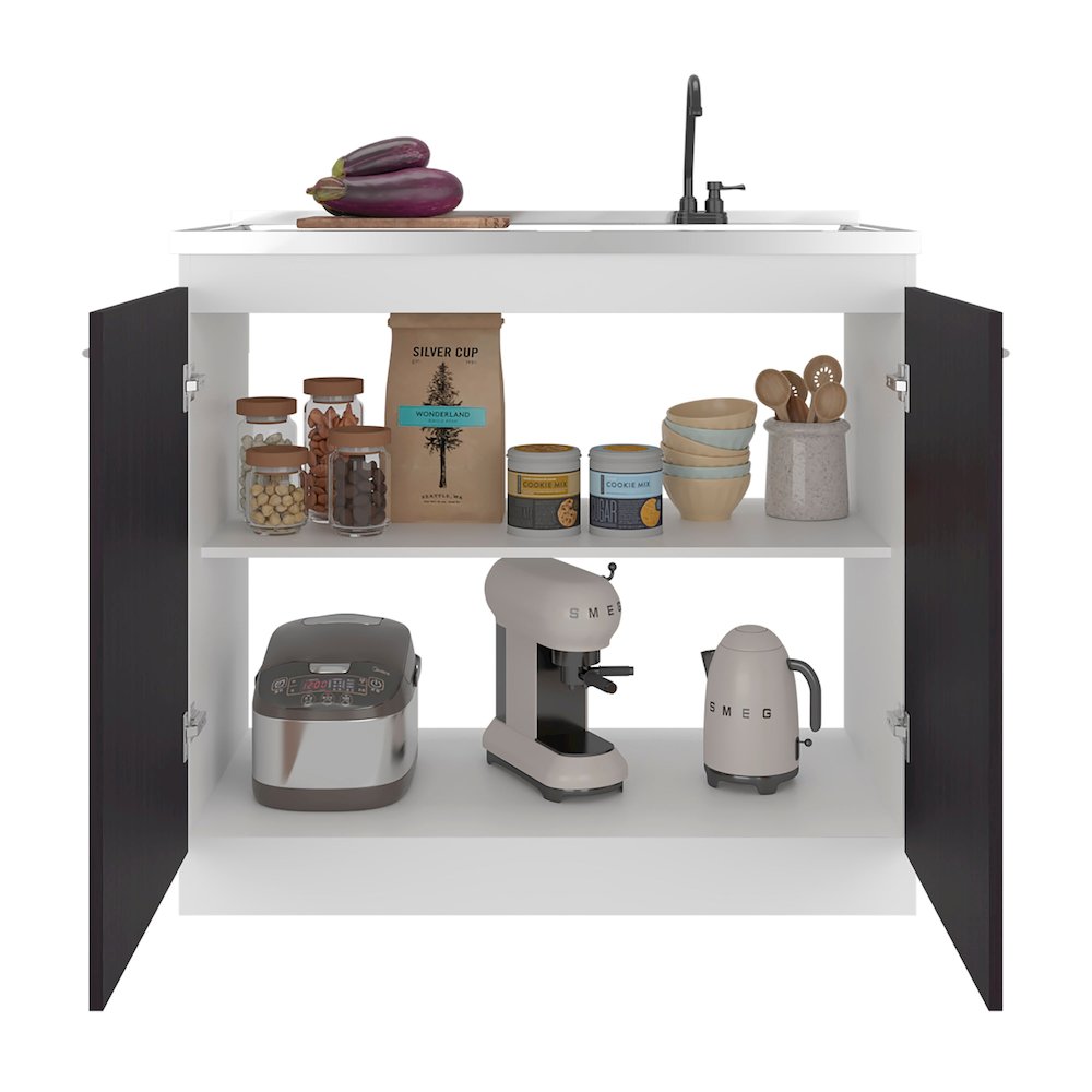 Extremo Kitchen Storage Cabinet with 2 Doors and 3 Shelves, WHITE AND WENGUE. Picture 6