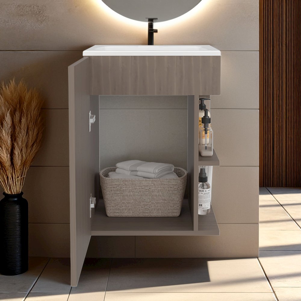 Compact Vanity Cabinet, Single Door, Two Open Side Shelves, White Oak. Picture 5