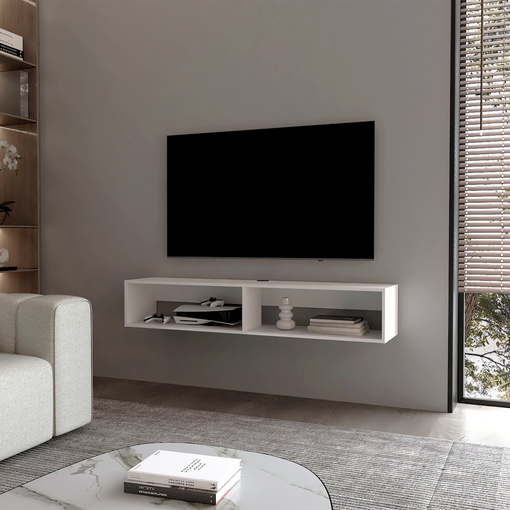 Central Floating media rack in melamine with two shelves,white. Picture 3
