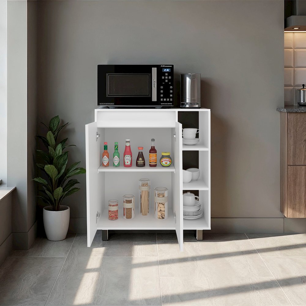Way Kitchen Storage Cabinet with Microwave Shelf and Side Open Shelves, White. Picture 4