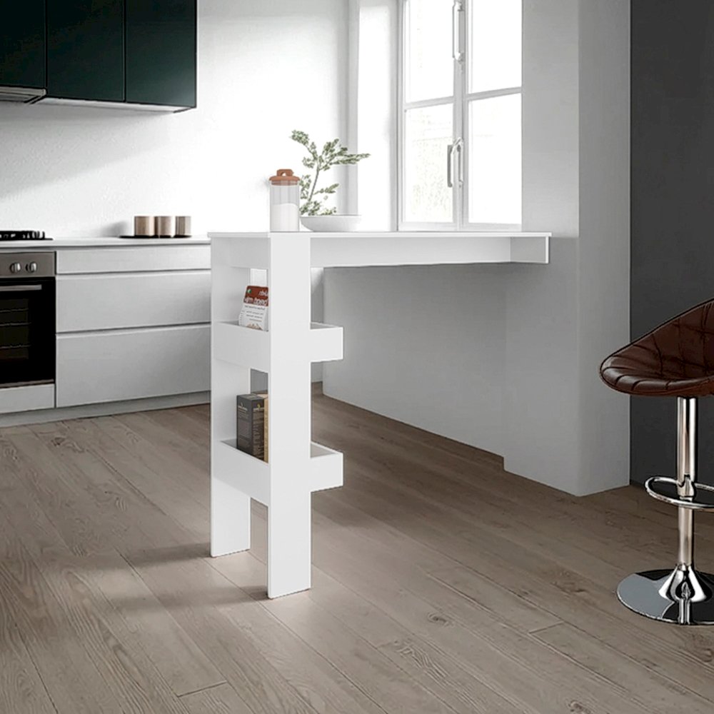 Drysdale Bar Table, Three Open Side Shelves, Modern Design, White. Picture 5