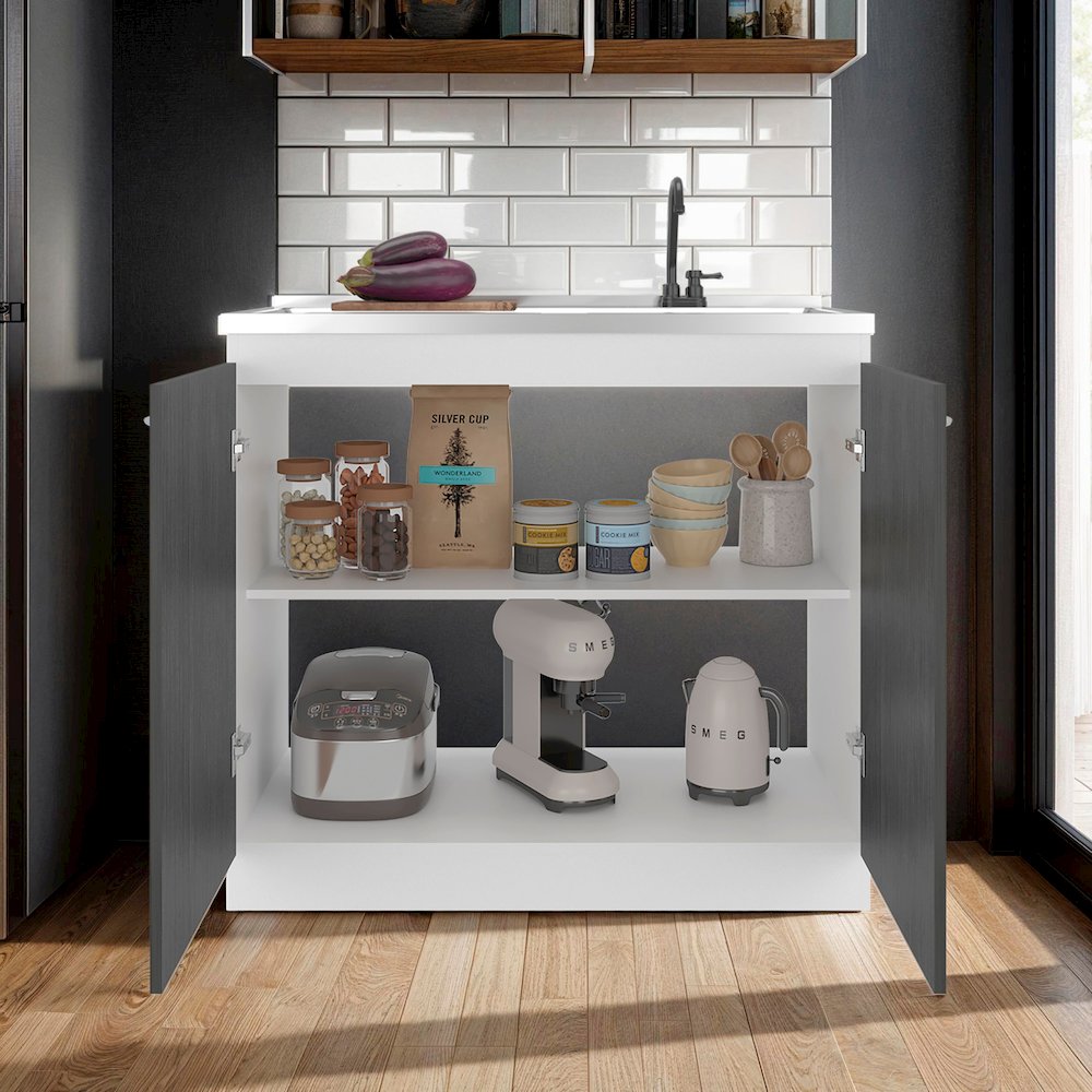 Extremo Kitchen Storage Cabinet with 2 Doors and 3 Shelves, WHITE AND SMOKY OAK. Picture 6