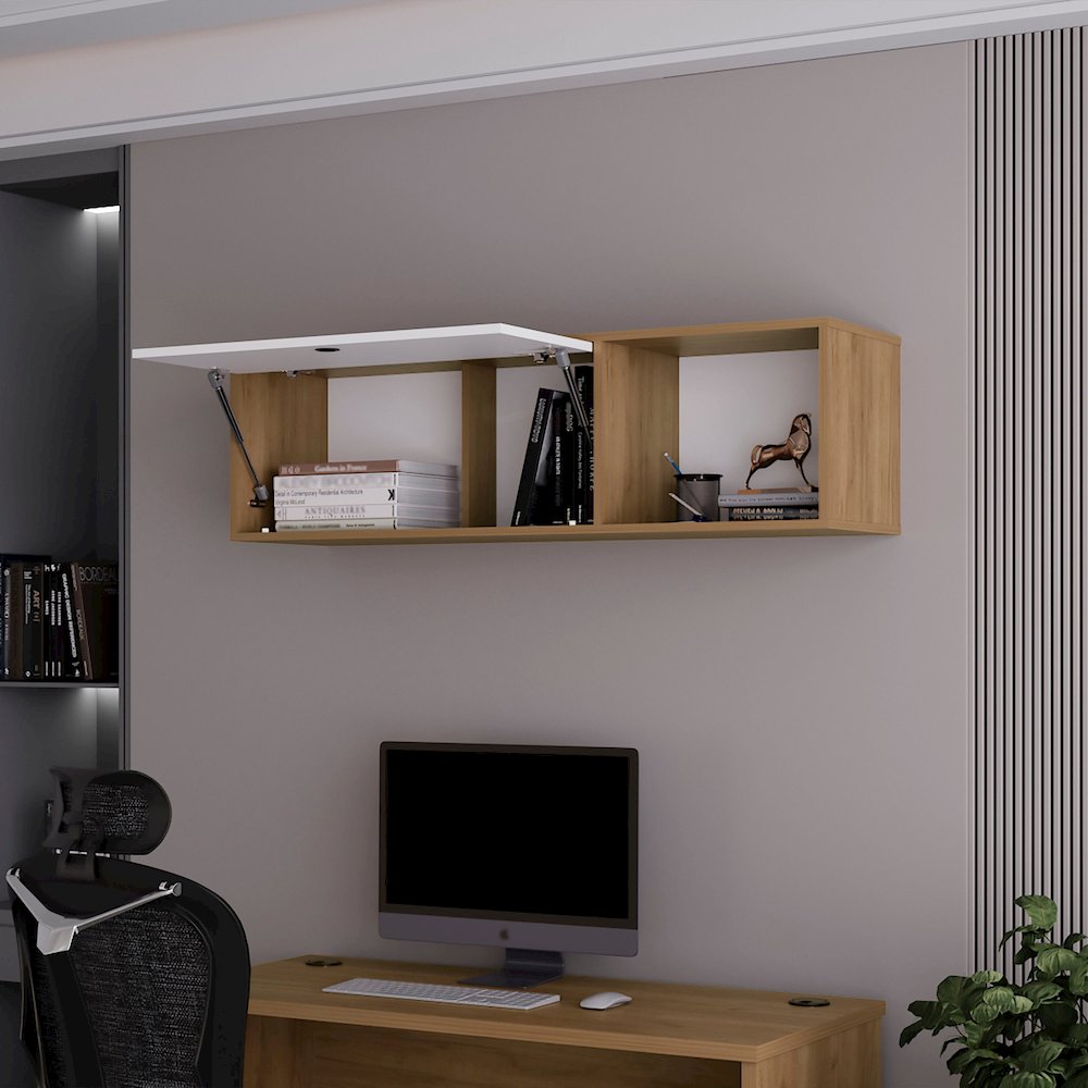 Wall-Mounted Cabinet with Lift-Up Door, Open Compartments, Natural Oak and White. Picture 3