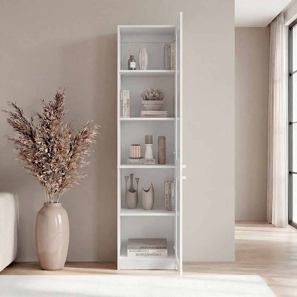 Modern Storage Cabinet with 5 Shelves and Glass Front, Minimalist Design, White. Picture 4