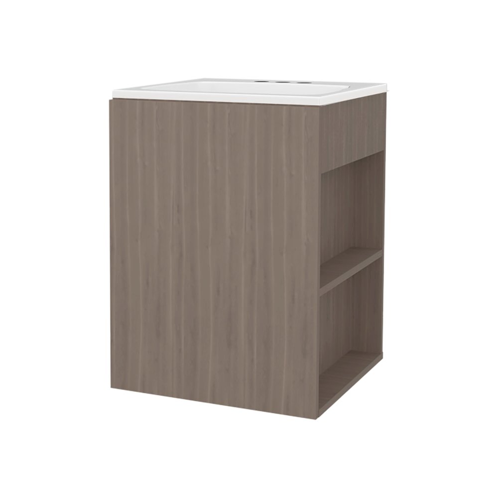 Compact Vanity Cabinet, Single Door, Two Open Side Shelves, White Oak. Picture 2