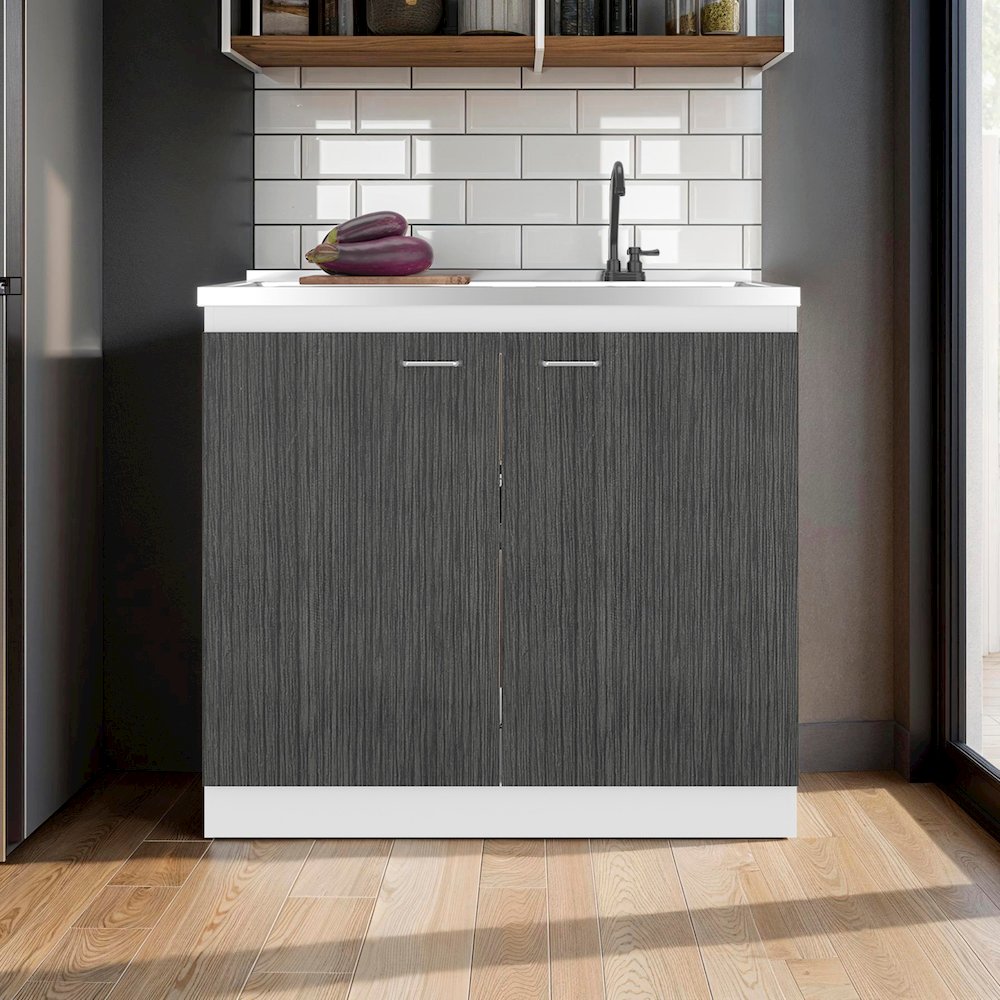 Extremo Kitchen Storage Cabinet with 2 Doors and 3 Shelves, WHITE AND SMOKY OAK. Picture 2