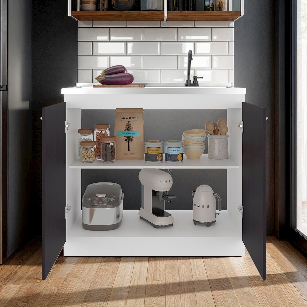Extremo Kitchen Storage Cabinet with 2 Doors and 3 Shelves, WHITE AND WENGUE. Picture 4