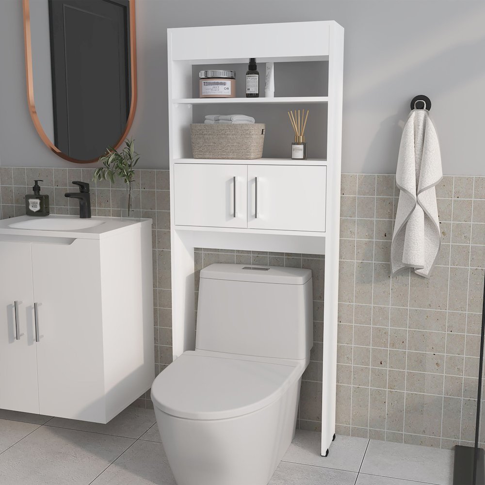 Bisbee 2-Door Over-the-Toilet Bathroom Storage Cabinet Shelf, White. Picture 3