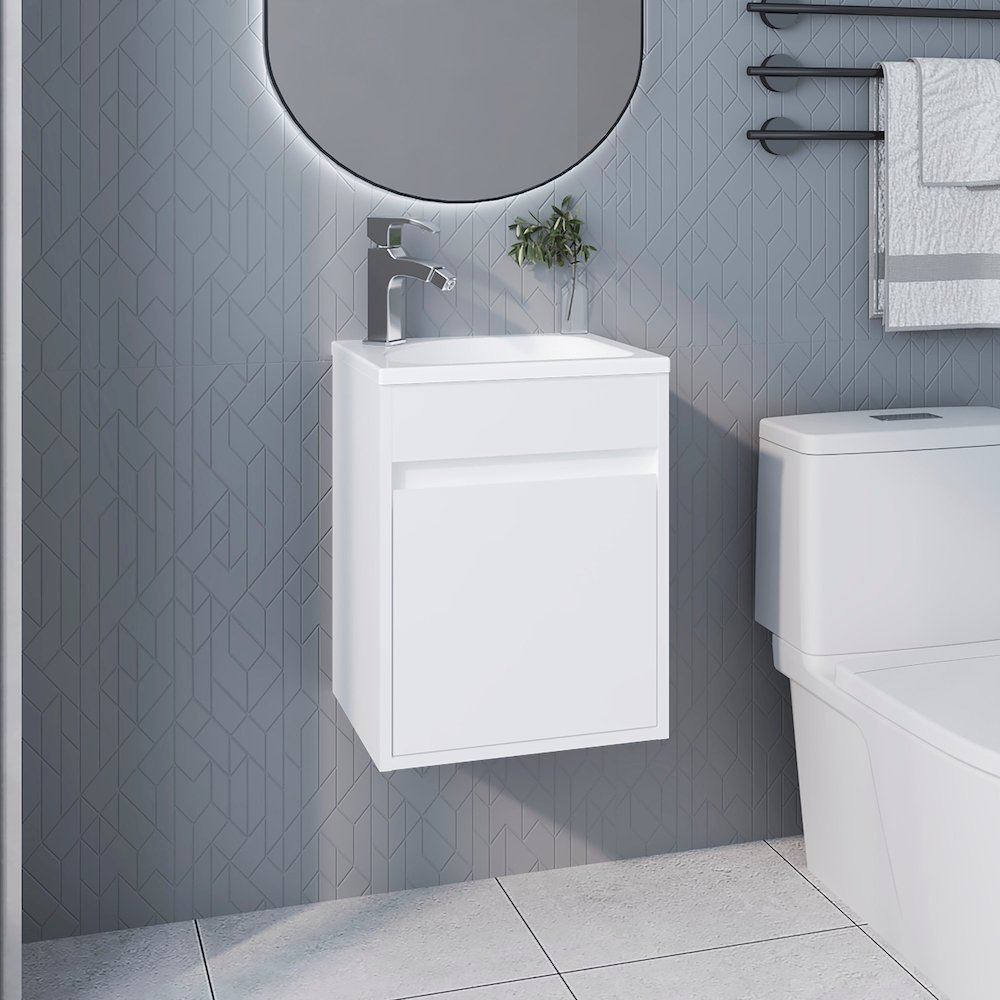 White Bathroom Floating Vanity with Sink, 1 Door, White. Picture 4