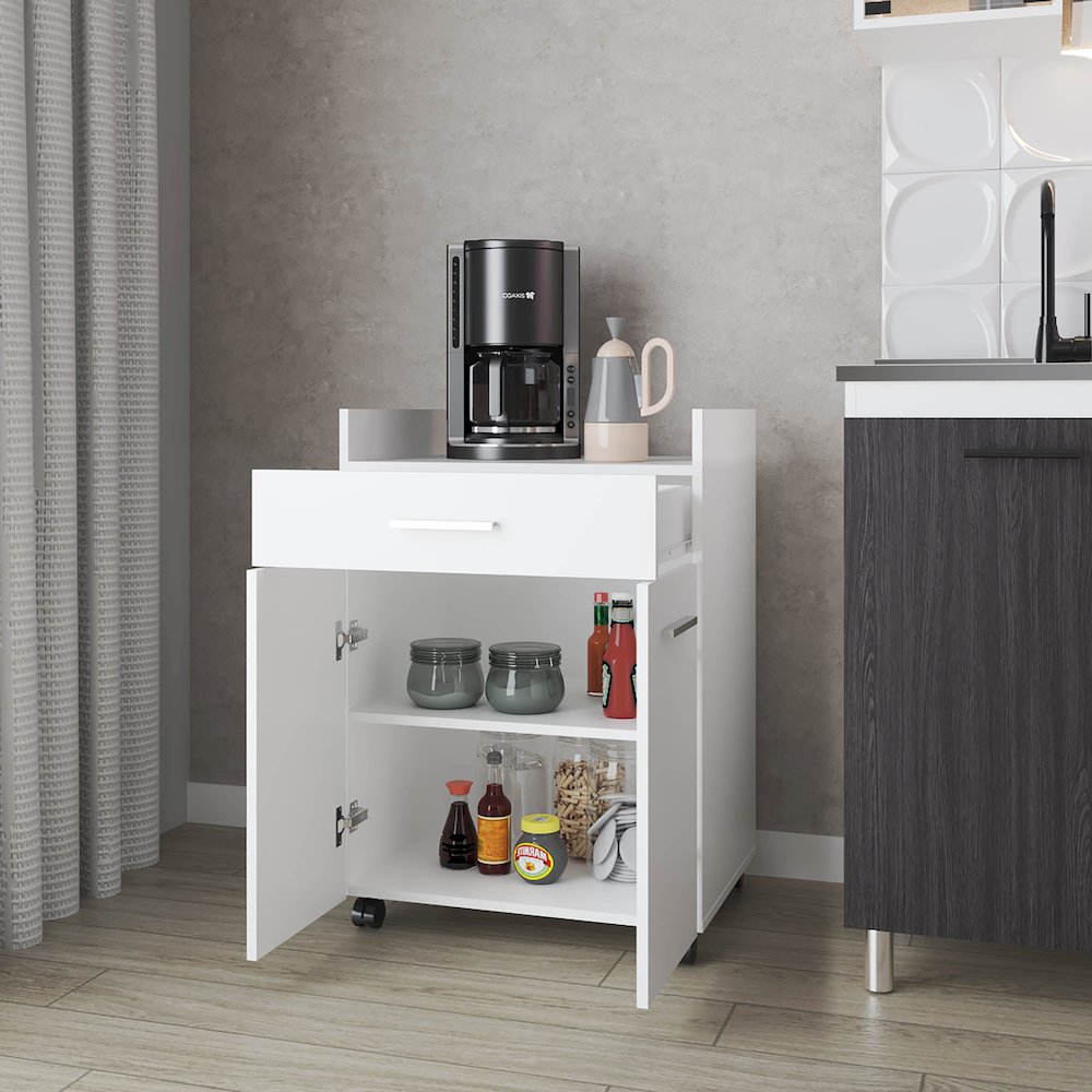 Burnside Kitchen Cart with 2 Doors and 1 Drawer, White. Picture 3