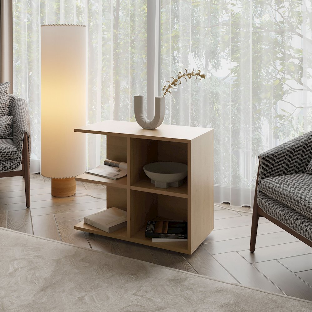Angus Side Table with Open Storage and 4 Shelves, Natural Oak. Picture 2