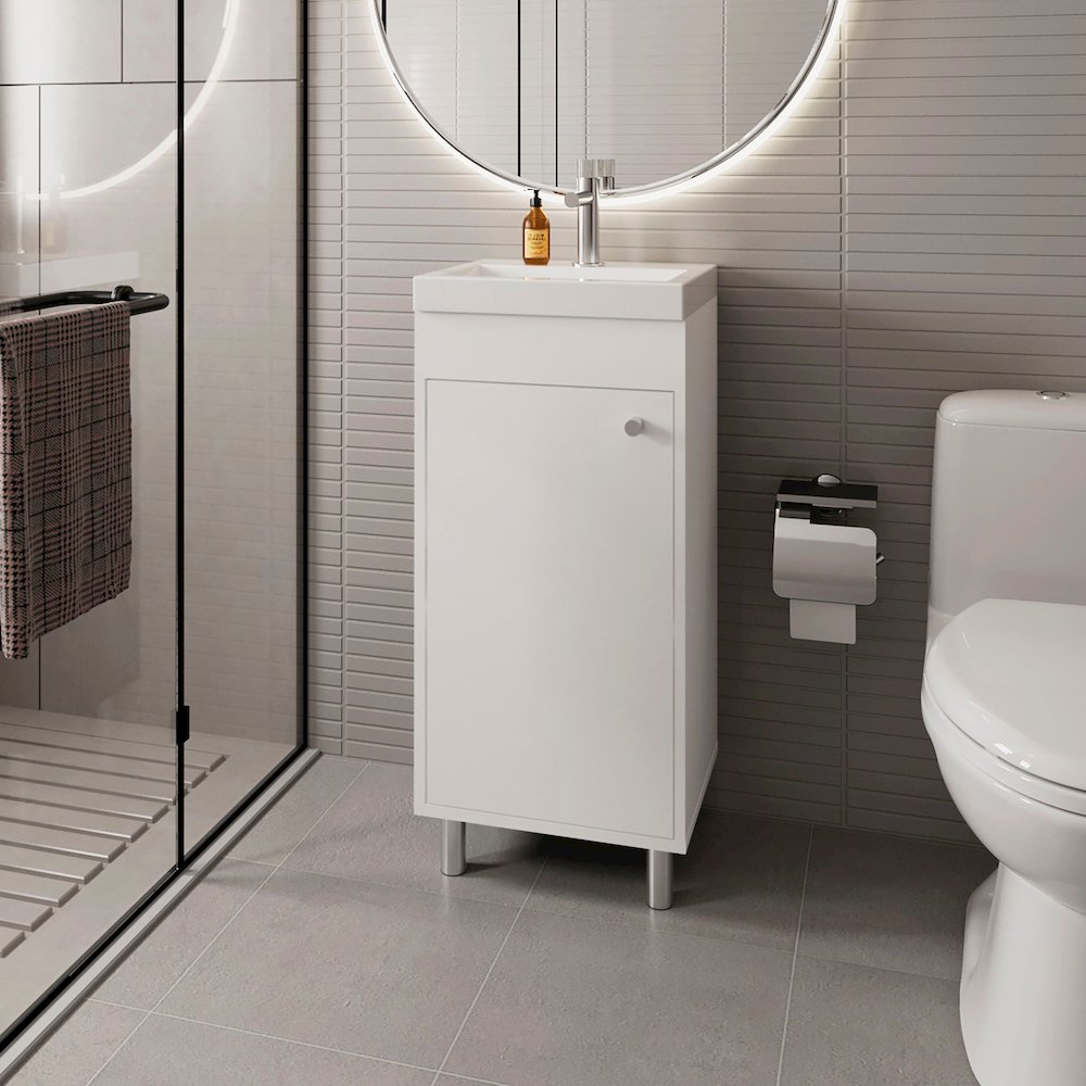 Oracle Bathroom Vanity, Single Door, Two Storage Shelves, White. Picture 4