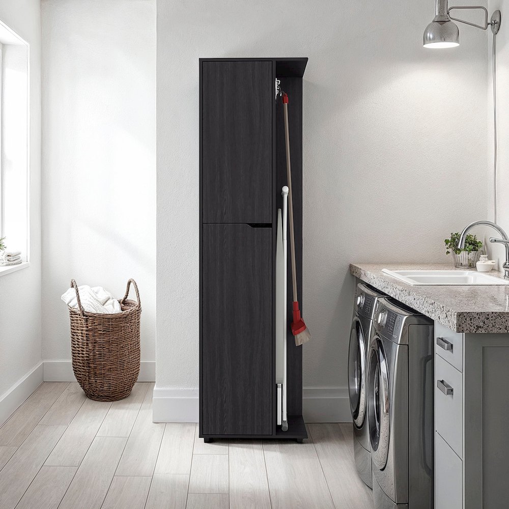 FM FURNITURE Harper Broom Cabinet, with 2 doors, 3 shelves and a holder,WENGUE. Picture 2