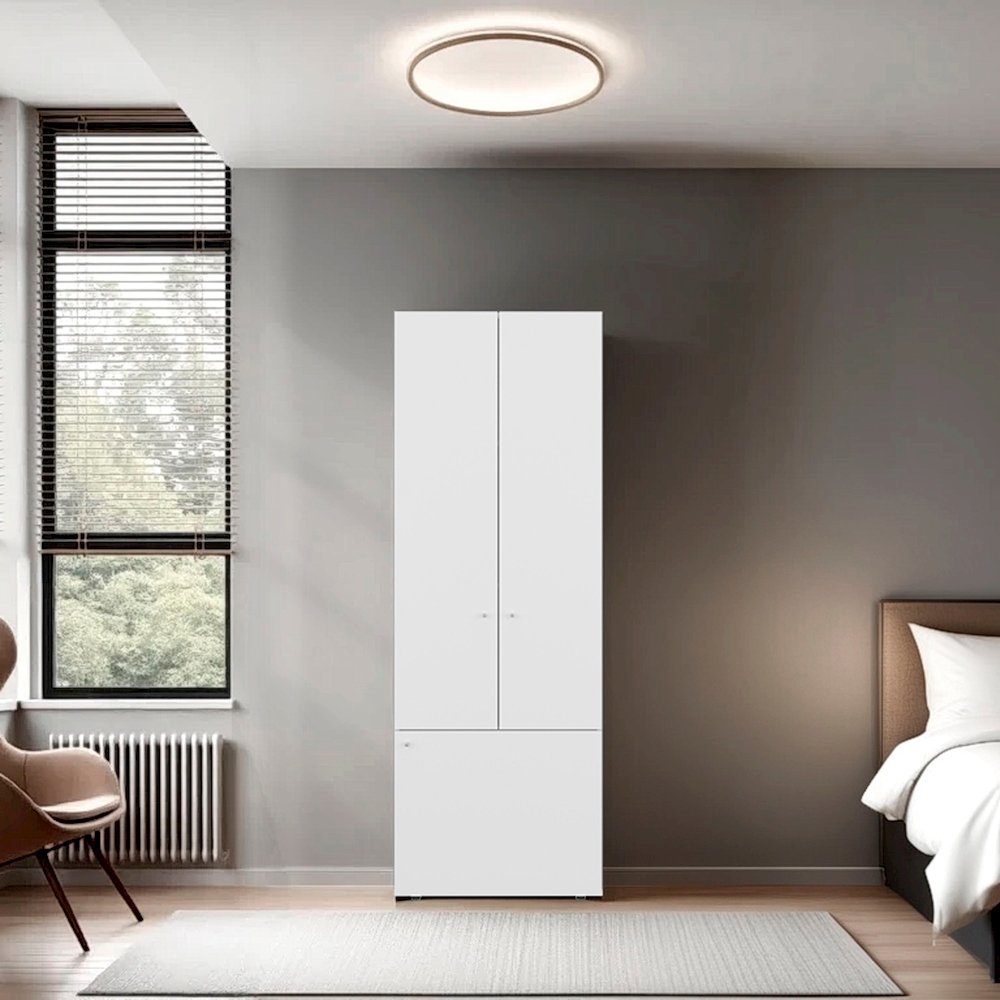 3-Door Tall Wardrobe Cabinet with 4 Shelves–Freestanding Storage Armoire, White. Picture 5
