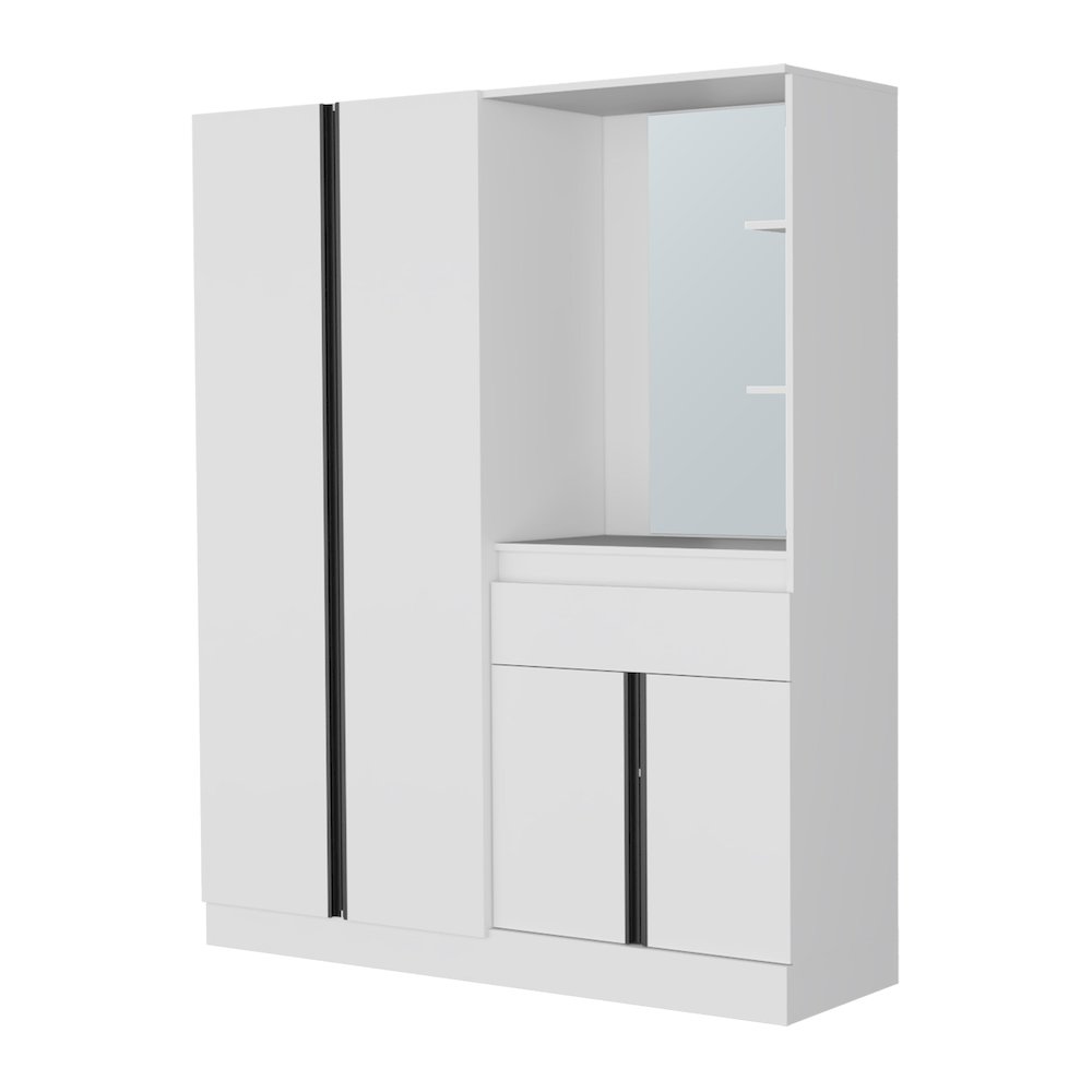 CaneMulti-Functional Wardrobe with Vanity Mirror and Storage, White. Picture 7